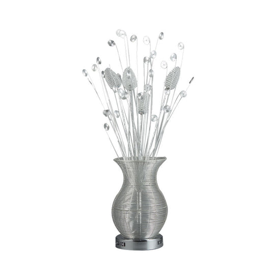 Countryside Style Led Table Lamp - Aluminum Wire Vase And Fern Design Chrome Finish