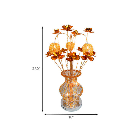 Art Deco Gold Vase And Floret Led Table Lamp: Aluminum Wire Night Lighting For Bedroom