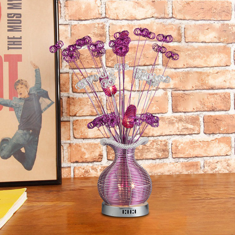 Art Deco Aluminium Wire Led Nightstand Lamp With Plant And Vase Design In Purple