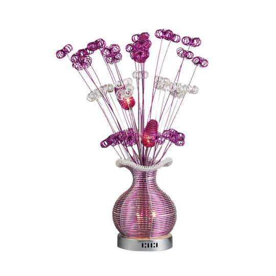 Art Deco Aluminium Wire Led Nightstand Lamp With Plant And Vase Design In Purple