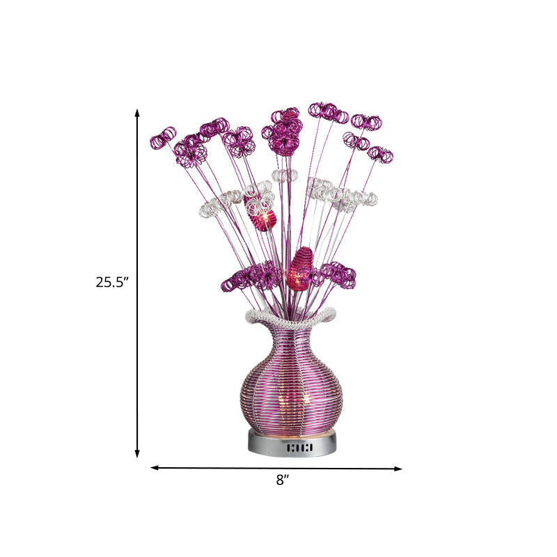 Sophia - Purple Art Deco Plant and Vase Nightstand Light Aluminum Wire LED Night Table Lamp in Purple