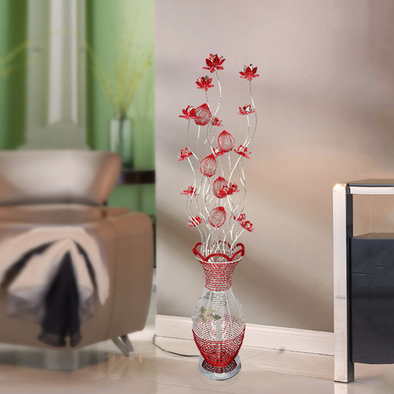 Red Led Vase Floor Lamp With Flower Design - Stylish Metallic Standing Light