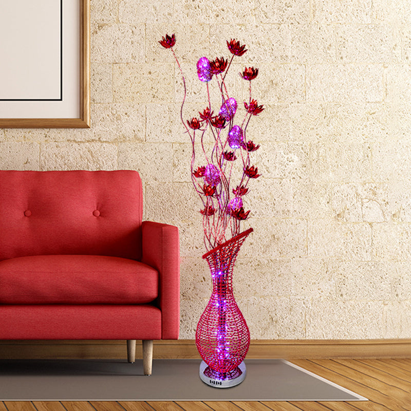 Red Led Aluminum Stand Up Lamp With Bevel Vase Design For Art Decor In Living Room