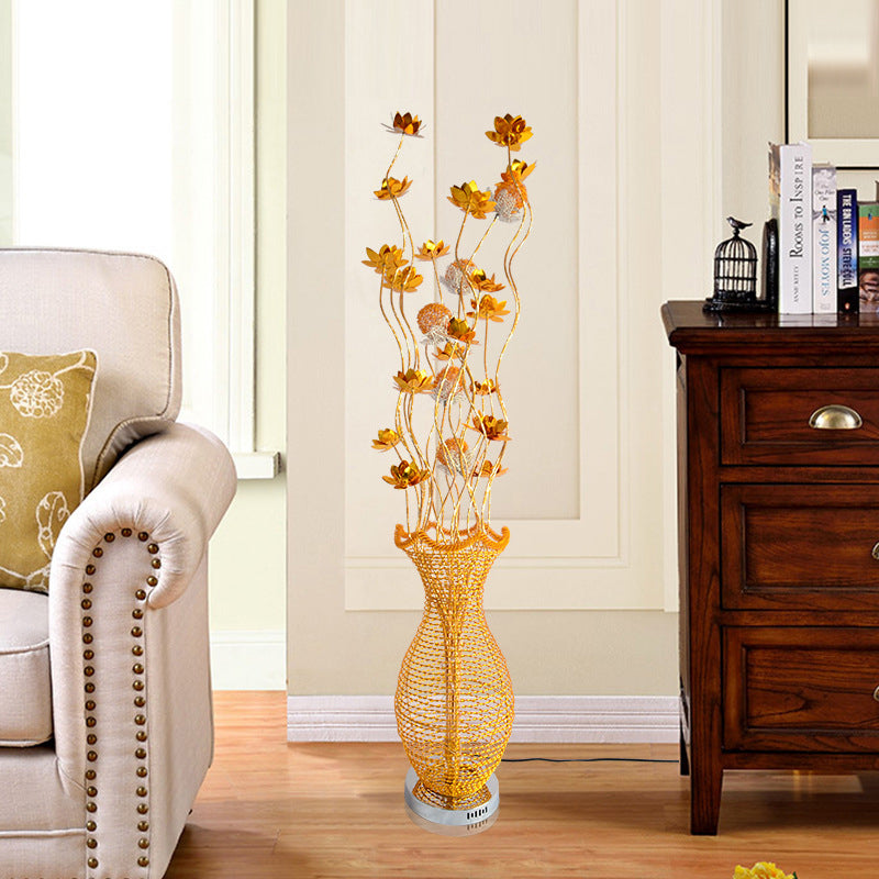 Gold Led Floor Lamp With Hollowed Vase Design And Bloom Decor - Perfect For Bedroom