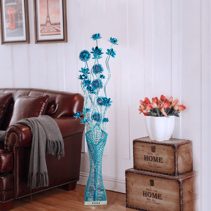 Metallic Led Floor Lamp With Tower-Like Design And Blue Floral Decor