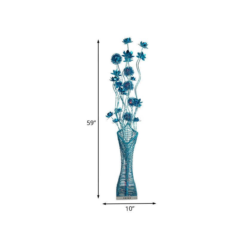Metallic Led Floor Lamp With Tower-Like Design And Blue Floral Decor