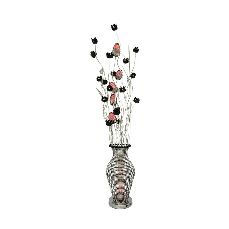 Led Standing Lamp With Art Decor Cutout Vase & Floret Design In Black