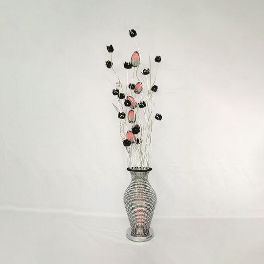 Led Standing Lamp With Art Decor Cutout Vase & Floret Design In Black