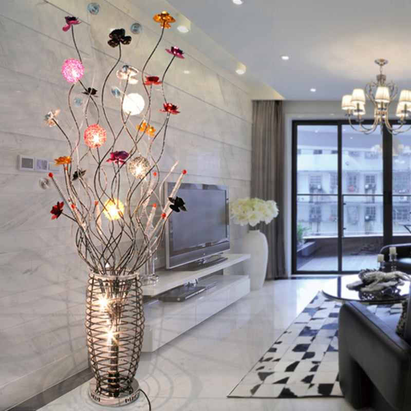 Modern Silver Led Floor Lamp With Metal Hollowed Oval Design - Colorful Bloom And Swooping Linear