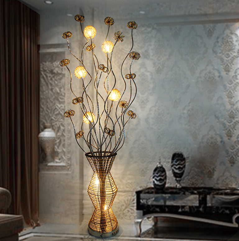 Golden Led Floor Lamp - Stylish Metallic Bamboo Basket Design With Flower Accents For Reading And
