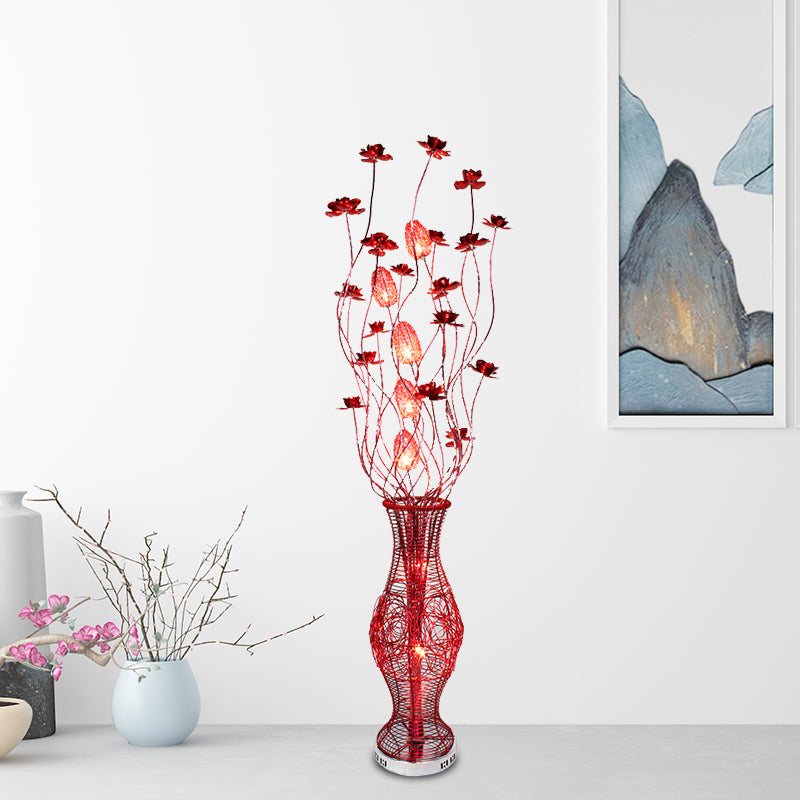 Red Curvy Floral Aluminum Led Floor Lamp With Urn Pedestal - Stylish Bedroom Decor