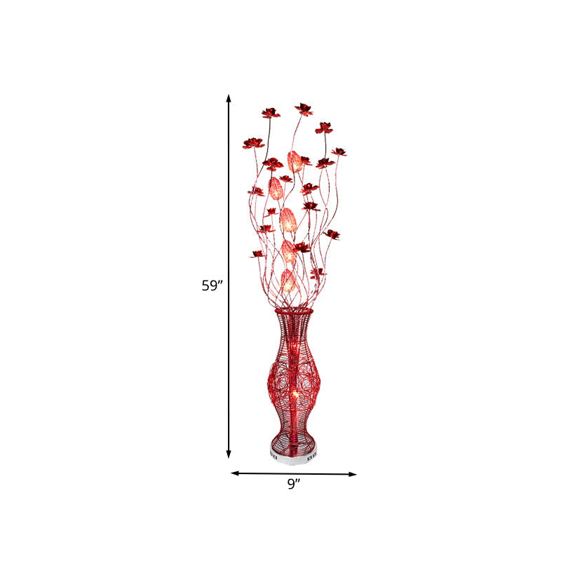 Red Curvy Floral Aluminum Led Floor Lamp With Urn Pedestal - Stylish Bedroom Decor