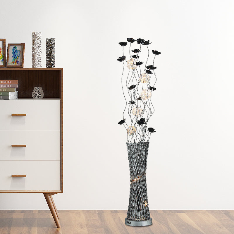 Hollowed Column Metal Led Curved Stick Floor Lamp With Decorative Rose Design And Dual-Tone Finish