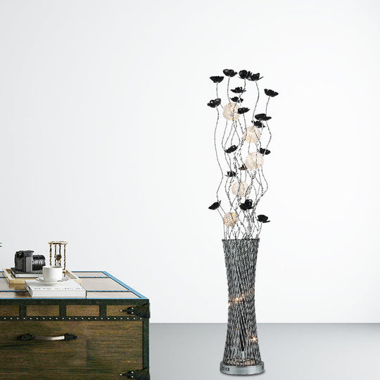 Hollowed Column Metal Led Curved Stick Floor Lamp With Decorative Rose Design And Dual-Tone Finish