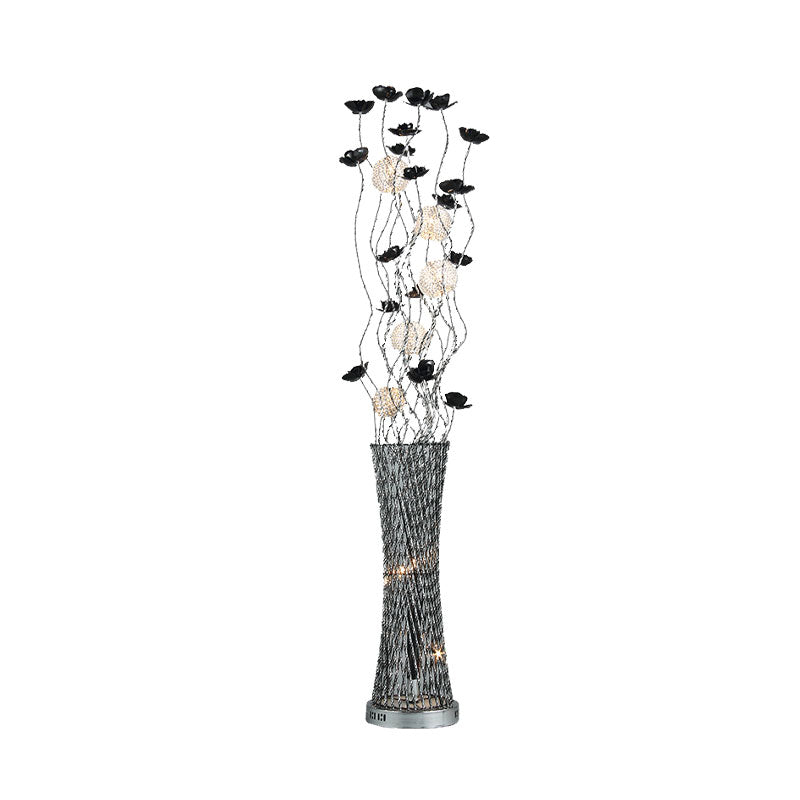 Hollowed Column Metal Led Curved Stick Floor Lamp With Decorative Rose Design And Dual-Tone Finish