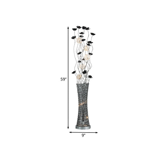 Hollowed Column Metal Led Curved Stick Floor Lamp With Decorative Rose Design And Dual-Tone Finish