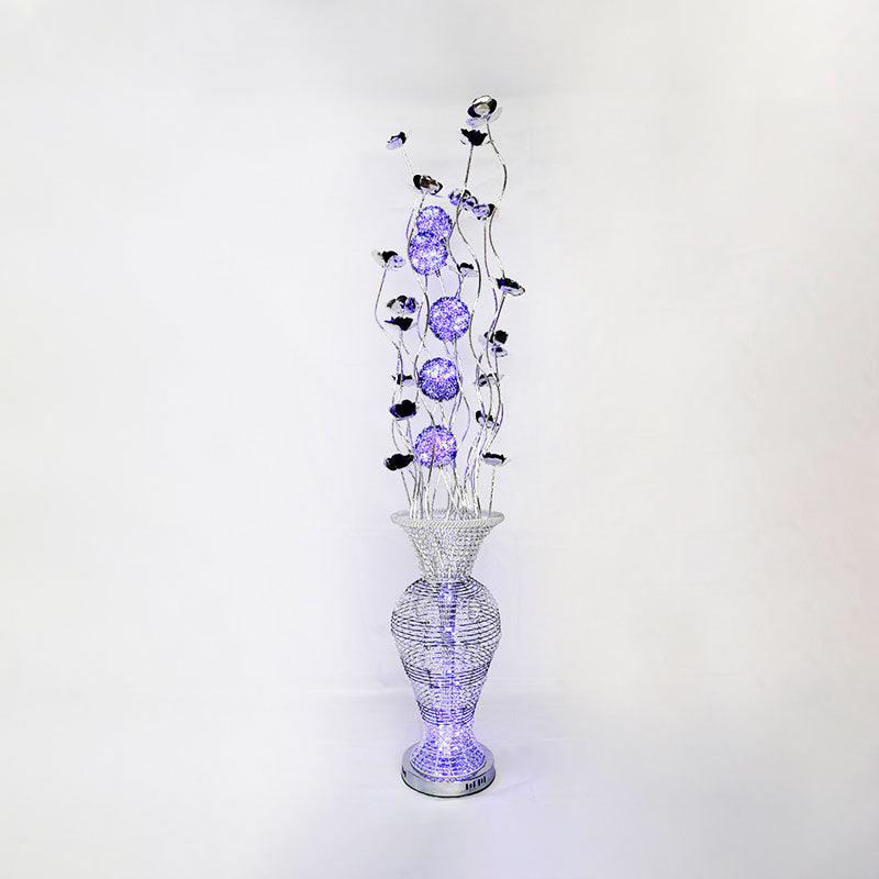 Modern Led Floor Lamp With Aluminum Blossom Design Black-Silver Finish And Purple Orb - Art Decor
