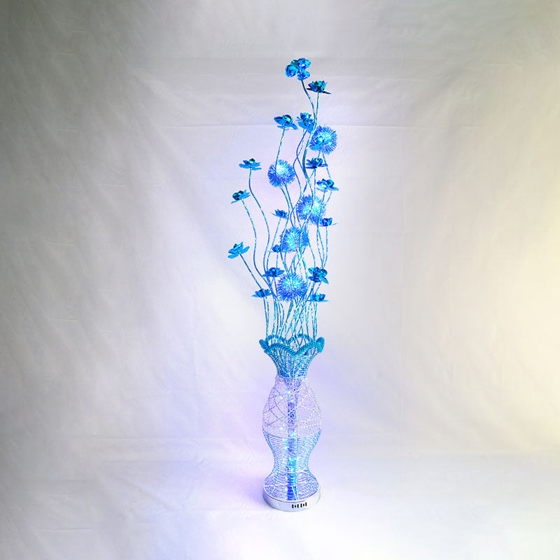 Rustic Bedroom Led Floor Lamp With Vase-Shaped Pleated Design And Blue Flower Decor Decorative