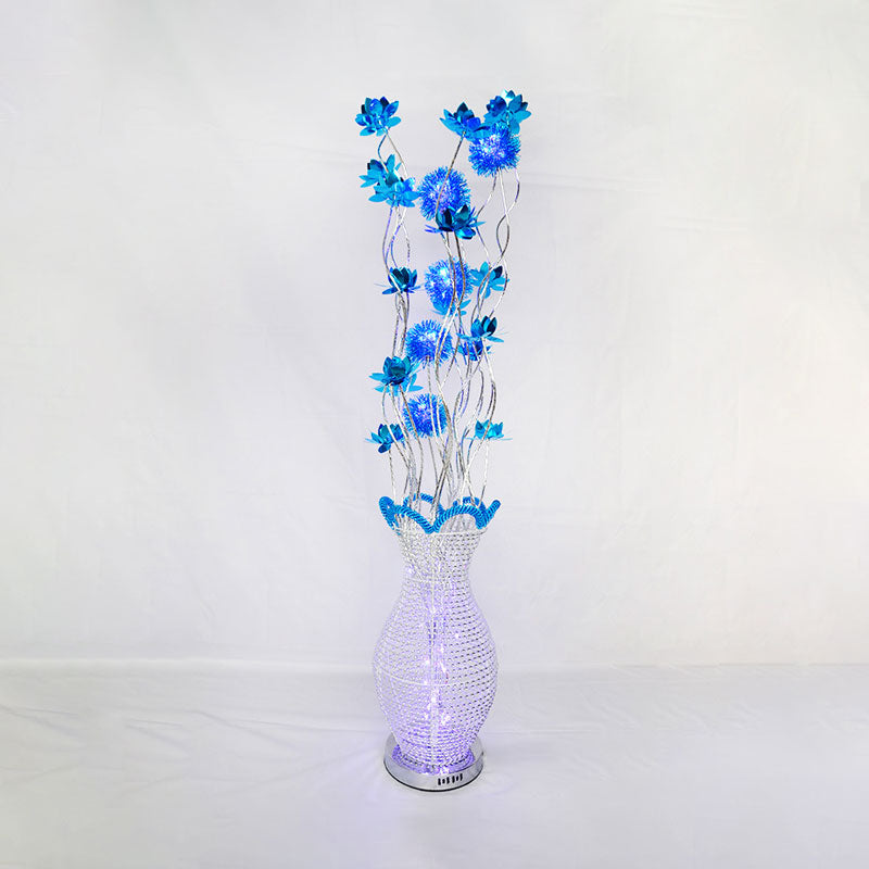 Blue Led Curvy Floor Lamp With Aluminum Urn And Floral Art Decor