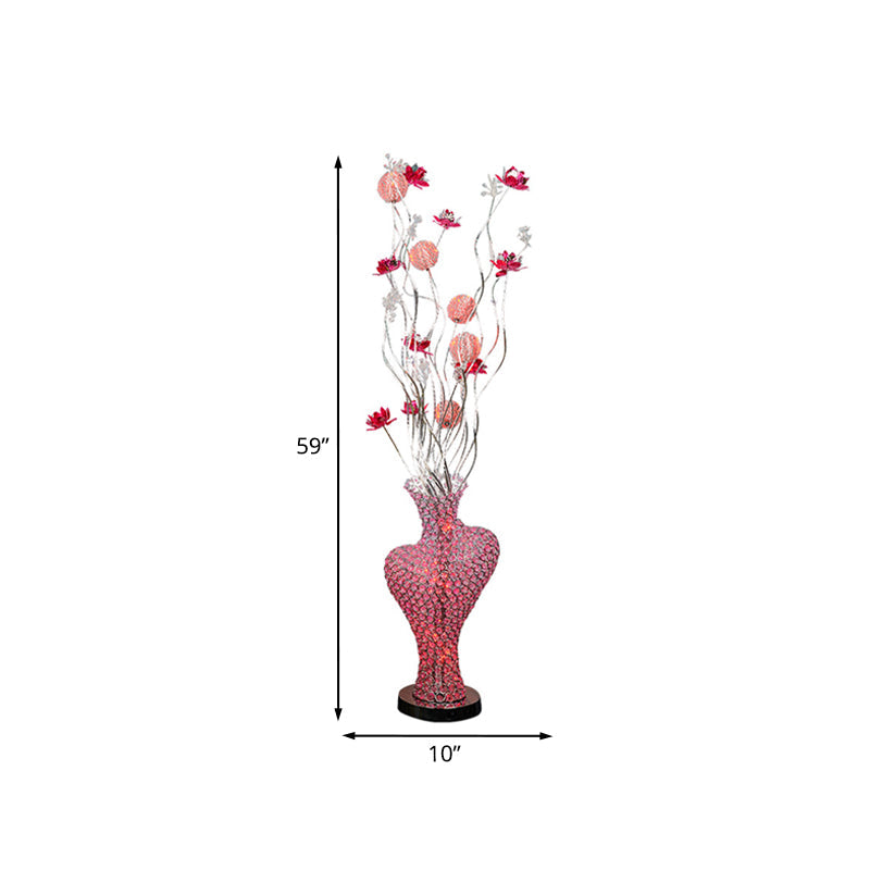 Red Metal Floret Standing Lamp: Led Decorative Floor Light With Crystal Encrusted Detail