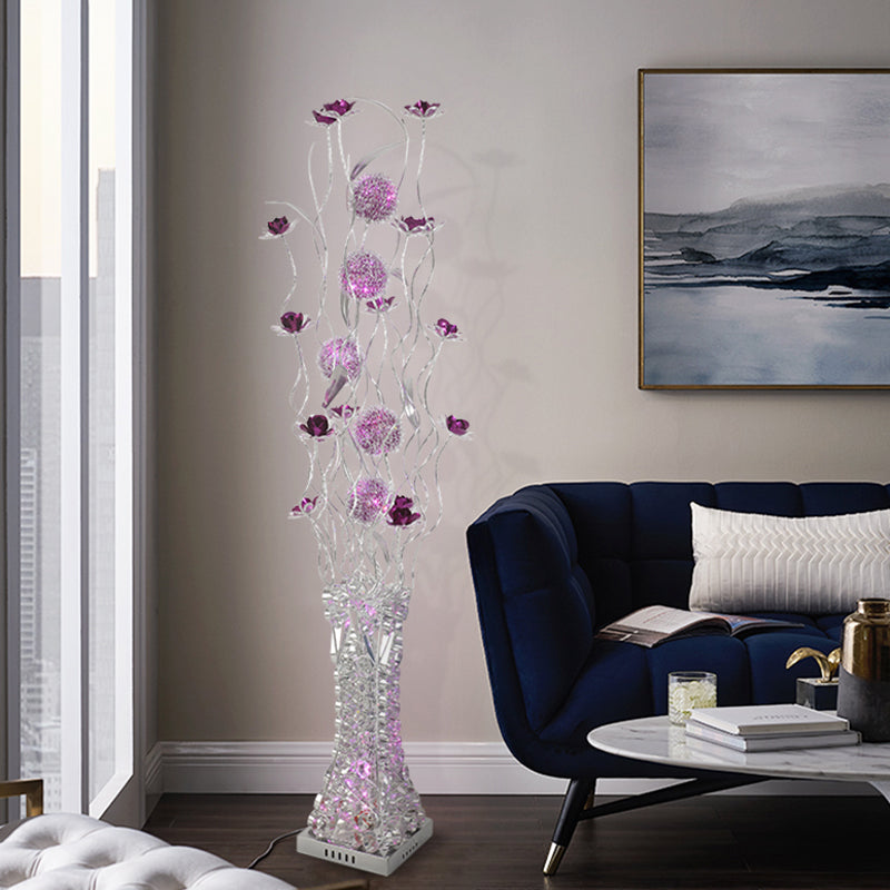 Metallic Purple Led Floor Lamp With Decorative Flower Design / Warm