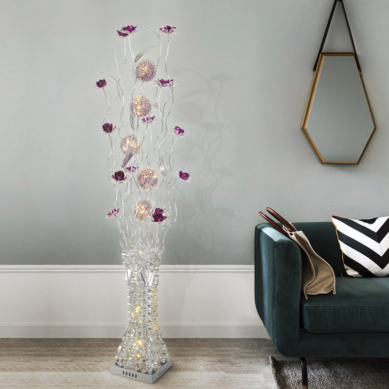 Metallic Purple Led Floor Lamp With Decorative Flower Design