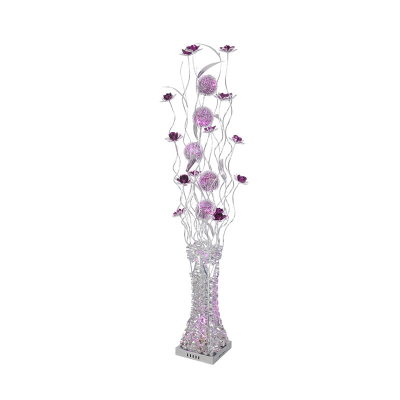Metallic Purple Led Floor Lamp With Decorative Flower Design