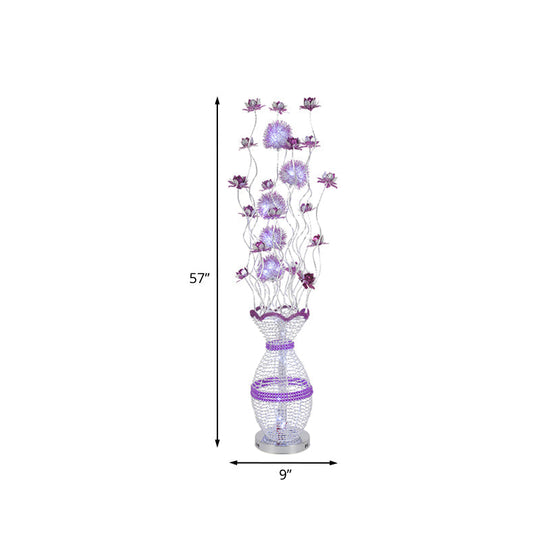 Modern Metal Hollow Urn Floor Lamp With Led Bulb Purple Blossom Decor - Bedroom Reading And Ambient