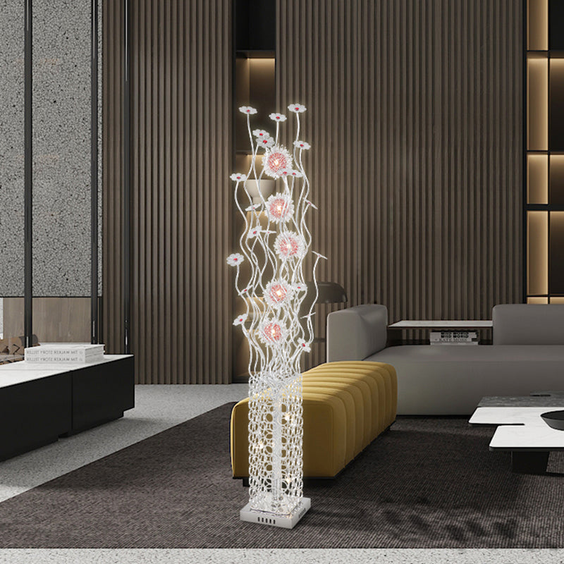 Cuboid Metallic Led Floor Lamp With Floret Design - Silver Warm/White Light For Stylish Living Room
