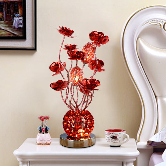 Red Aluminum Led Night Lamp With Global Design & Rose Decor - Curvy Stick Desk Light