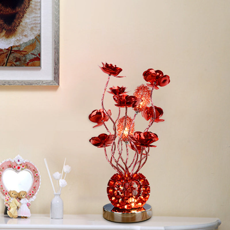 Red Aluminum Led Night Lamp With Global Design & Rose Decor - Curvy Stick Desk Light