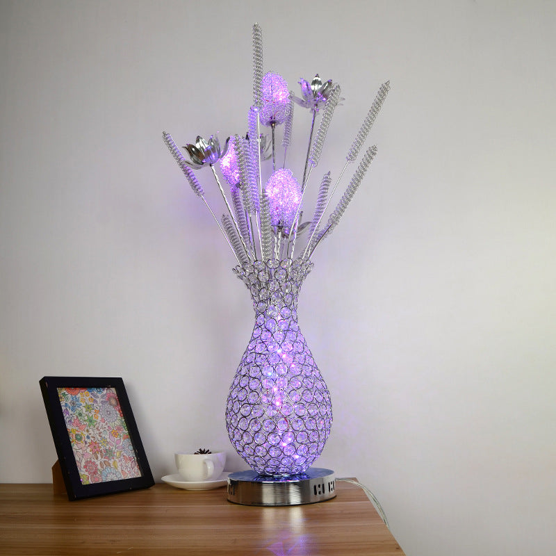 Led Vase Shape Desk Light Art Decor - Gold/Silver Metal Lamp With Crystal Encrusted Base Silver
