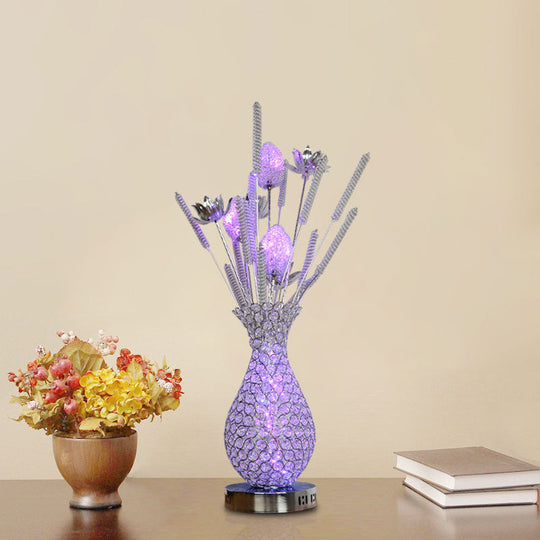 Led Vase Shape Desk Light Art Decor - Gold/Silver Metal Lamp With Crystal Encrusted Base