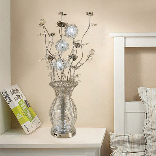 Metallic Urn-Style Swing Arm Led Nightstand Lamp With Flower Design - Silver
