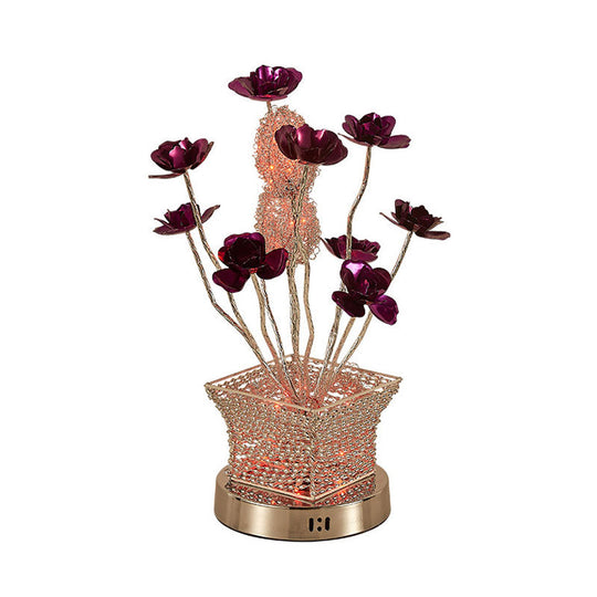 Silver Led Desk Lamp With Rose Art Decor - Aluminum Cubical Table For Bedside