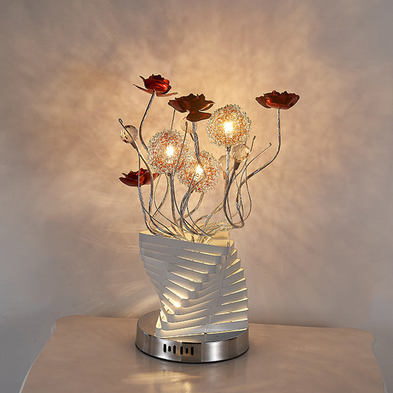Silver Twisty Aluminum Led Nightstand Lamp With Decorative Rose Design Ideal For Bedroom Decoration