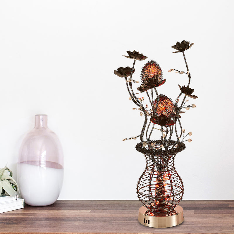 Black-Silver Led Vase Table Lamp: Artistic Aluminum Desk Light With Flower Detail