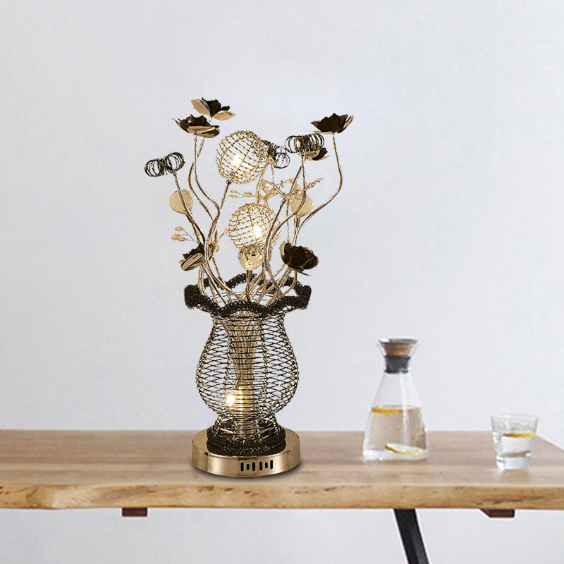 Black-Silver Floral Table Lamp - Modern Design Led Desk Lighting For Study Room With Elegant