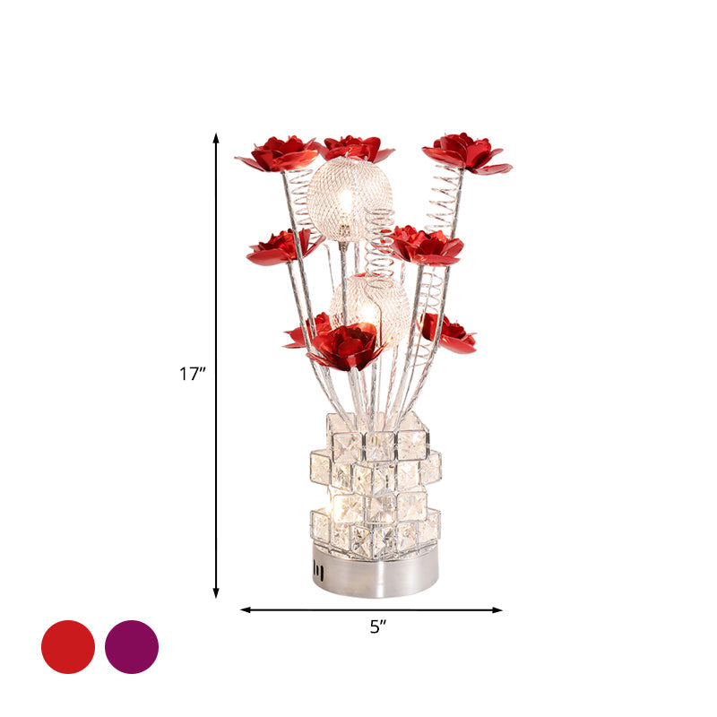 Led Aluminum Table Lamp With Crystal Block Base In Purple/Red - Art Decor Floral Design For Bedside
