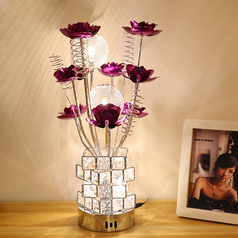 Led Aluminum Table Lamp With Crystal Block Base In Purple/Red - Art Decor Floral Design For Bedside