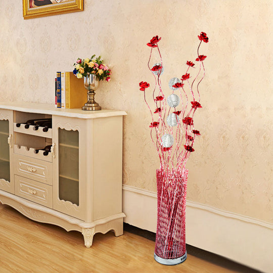 Led Decorative Aluminum Floor Reading Lamp - Twill Cylinder Style In Red/Gold With Bloom Design Red