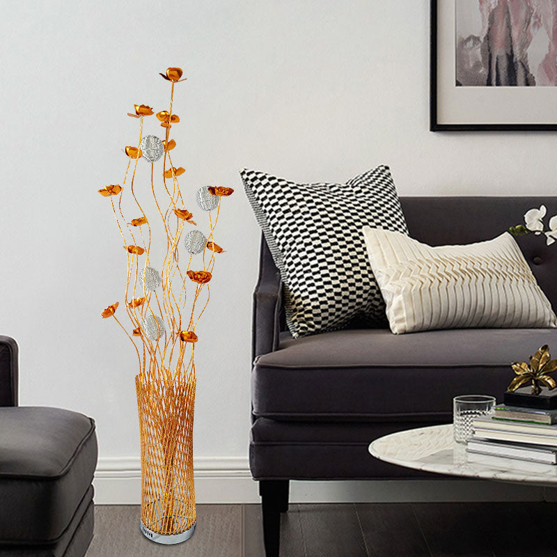 Led Decorative Aluminum Floor Reading Lamp - Twill Cylinder Style In Red/Gold With Bloom Design Gold