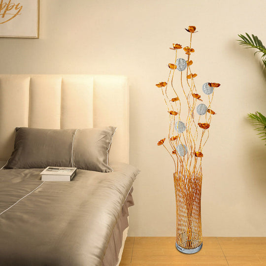 Led Decorative Aluminum Floor Reading Lamp - Twill Cylinder Style In Red/Gold With Bloom Design