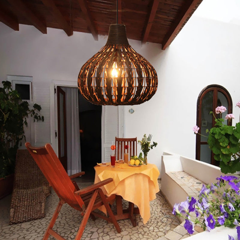 Hand-Woven Rattan Gourd Pendant Lamp - Rustic 1-Light Fixture For Restaurants Brown / 14