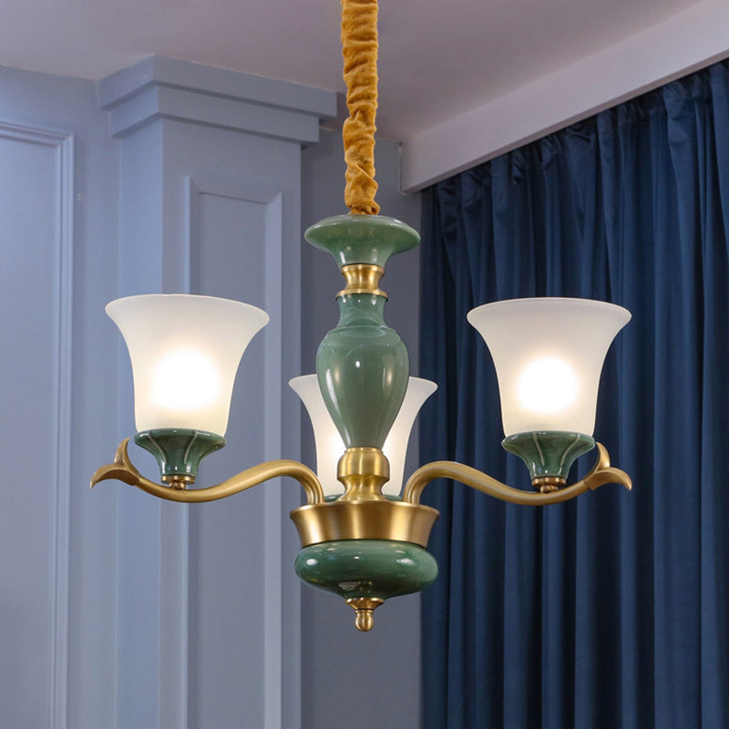 Frosted Glass Suspension Lighting - 3/6 Bulbs Countryside Green Chandelier For Guest Room 3 /