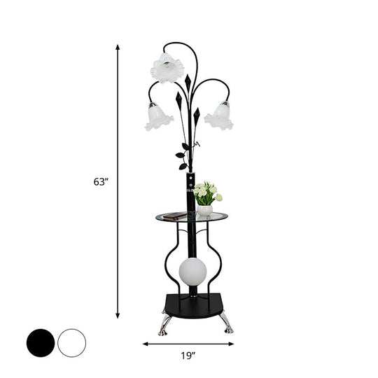 3-Bulb Countryside Metal Floor Light: Elegant Black/White Standing Lamp With Floral Glass Shade