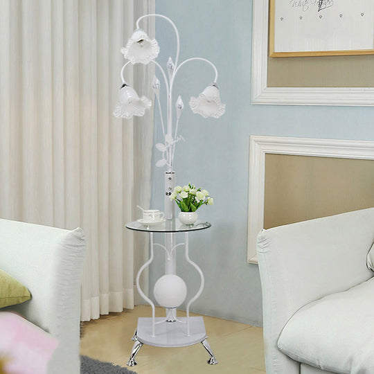 3-Bulb Countryside Metal Floor Light: Elegant Black/White Standing Lamp With Floral Glass Shade