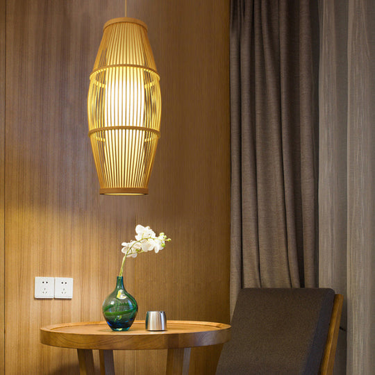 Handmade Bamboo Suspension Light: Asian Ellipse Shade For Restaurant Beige / 11