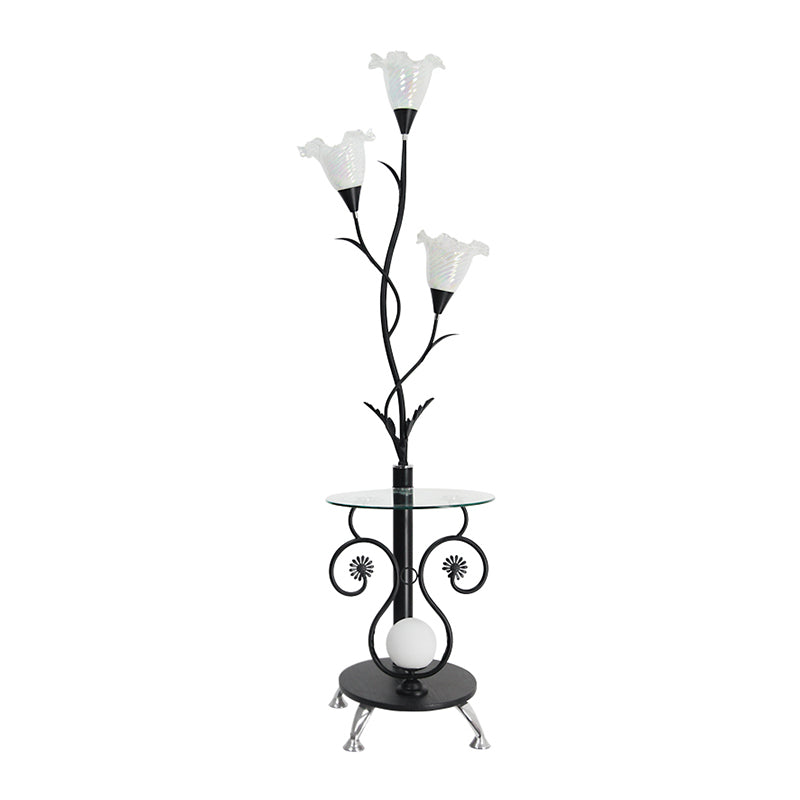 Faceted Glass Floor Lamp With Countryside Black/White Floral Shade - 3 Lights Ideal For Living Rooms