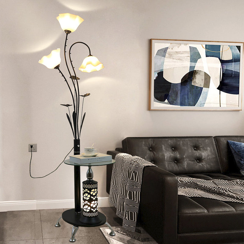 Metallic Floor Lamp: 3-Light Countryside Tree Design Black/White Guest Room Standing Up Floral Shade